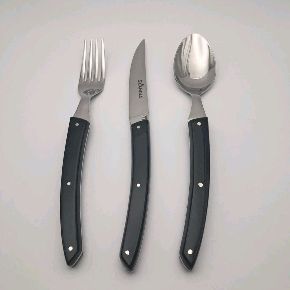 Skandia Vivid Black Handle 3 Piece Set Spoon Fork Steak Knife Flatware New Rare